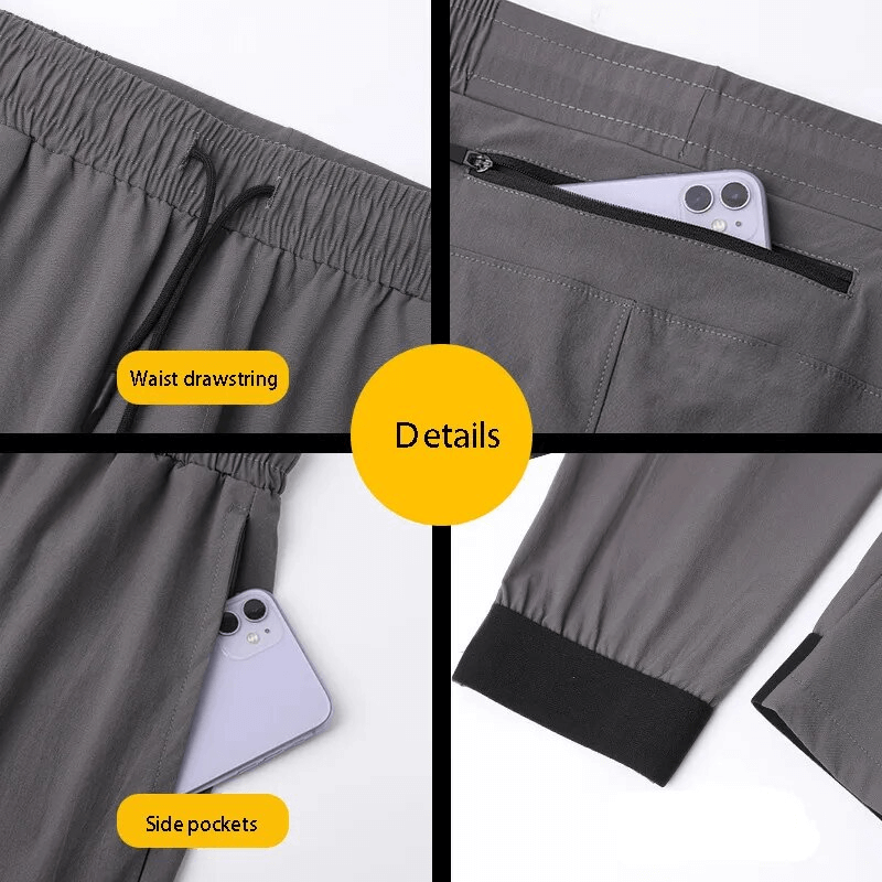 Close-up of sports quick-drying men's pants showing zippered pockets, elastic waist with drawstring, and breathable fabric details.